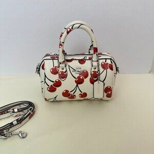 Coach Rowan Cherry Print Boston Bag | White Girlish Tote/Crossbody Bucket Bag